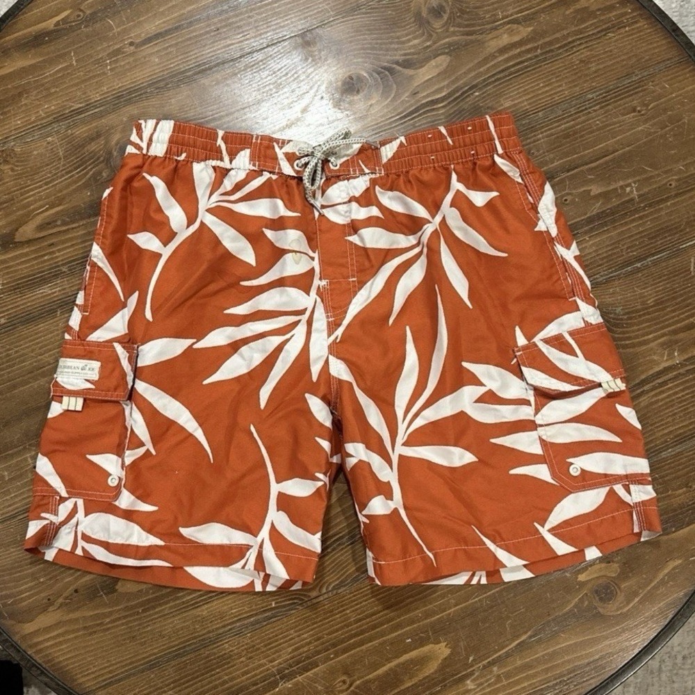 CARIBBEAN JOE ORANGE & WHITE SHORTS SURF SWIM‎ ATHLETIC TRUNKS SIZE L'